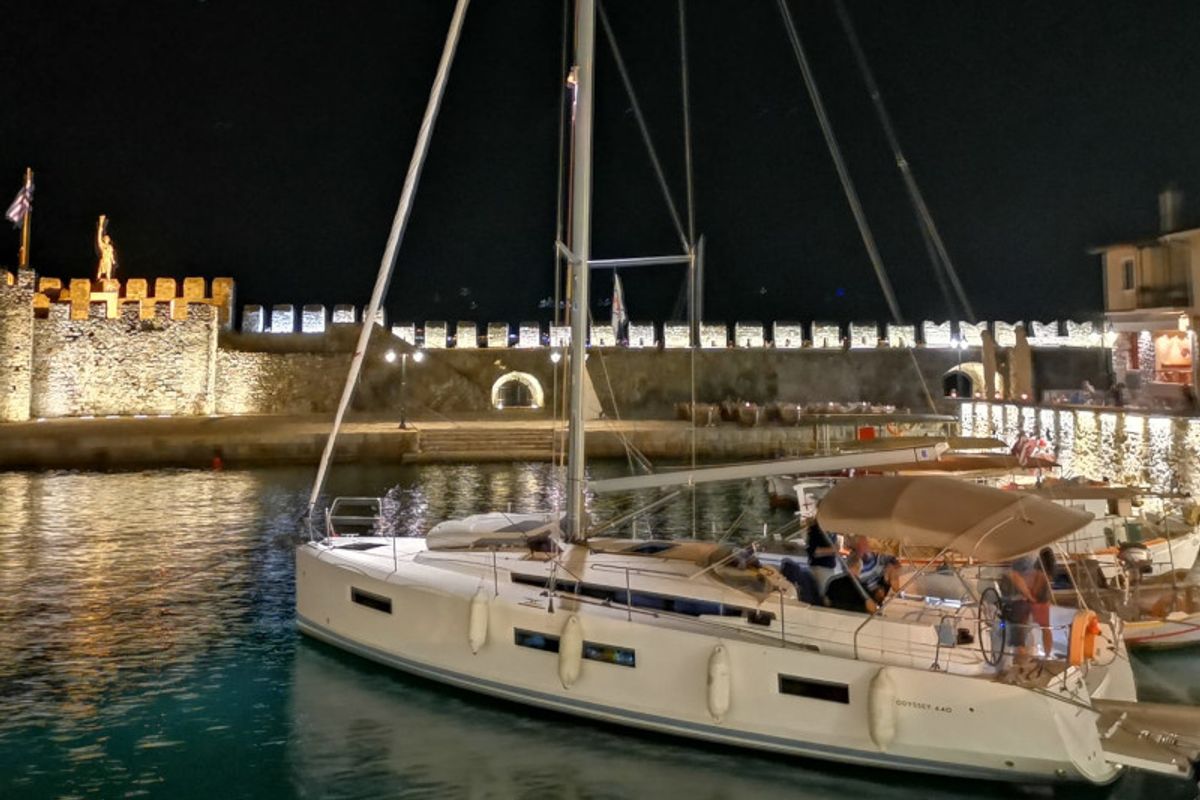 Exterior view of Jolie, a Jeanneau Sun Odyssey 440 sailboat at Gouvia, Greece