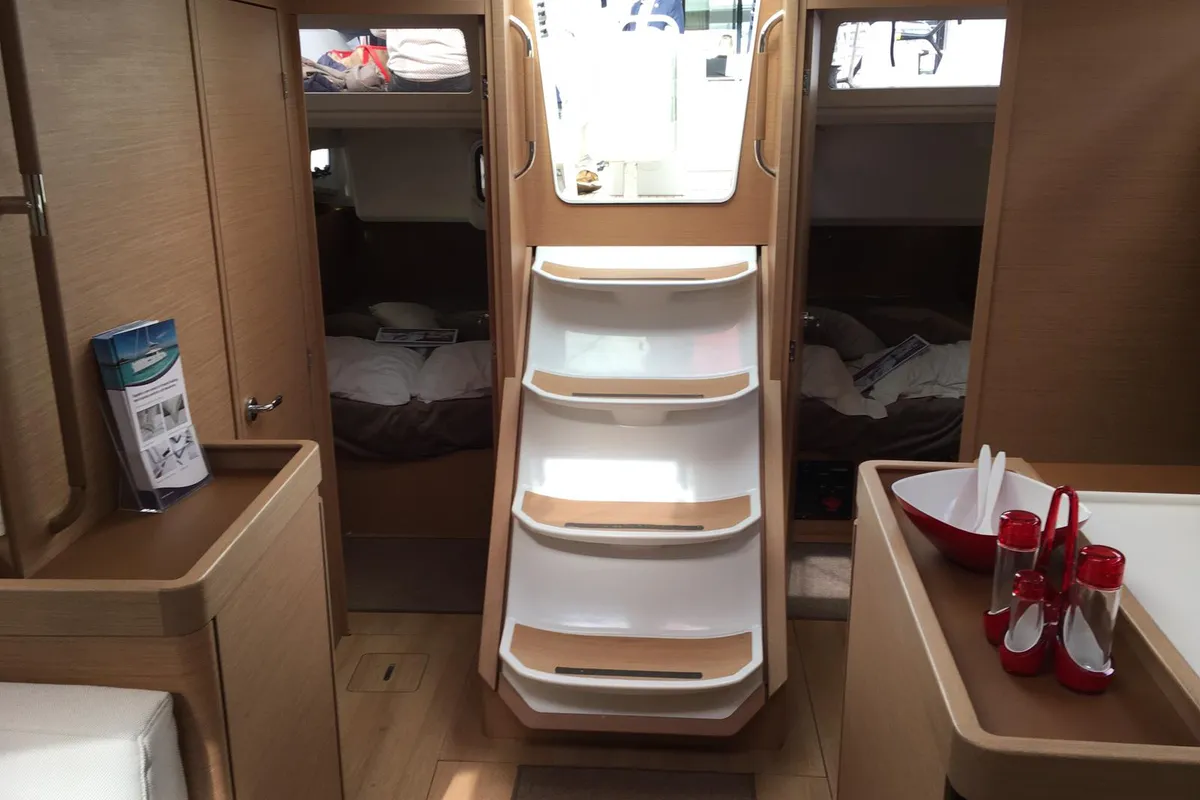Salon of Jolie, a Jeanneau Sun Odyssey 440 sailboat at Gouvia, Greece
