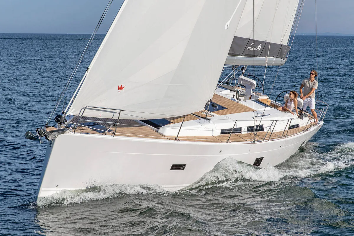 Exterior view of Hydra, a Hanse Yachts Hanse 458 sailboat at Port Navalo, France