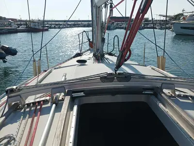 Deck of Nela, a Beneteau Oceanis 37 sailboat at Municipal Unit of Lefkada, Greece