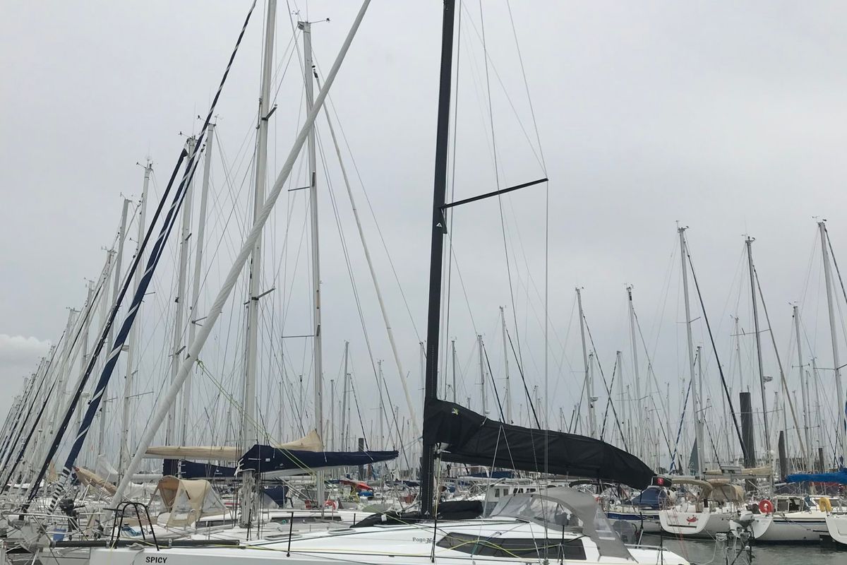 Exterior view of Spicy, a Pogo Structures Pogo 36 sailboat at Port de Bormes-les-Mimosas, France