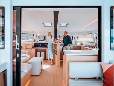 Salon of Seabird, a Nautitech 44 Open catamaran at Municipal Unit of Lefkada, Greece
