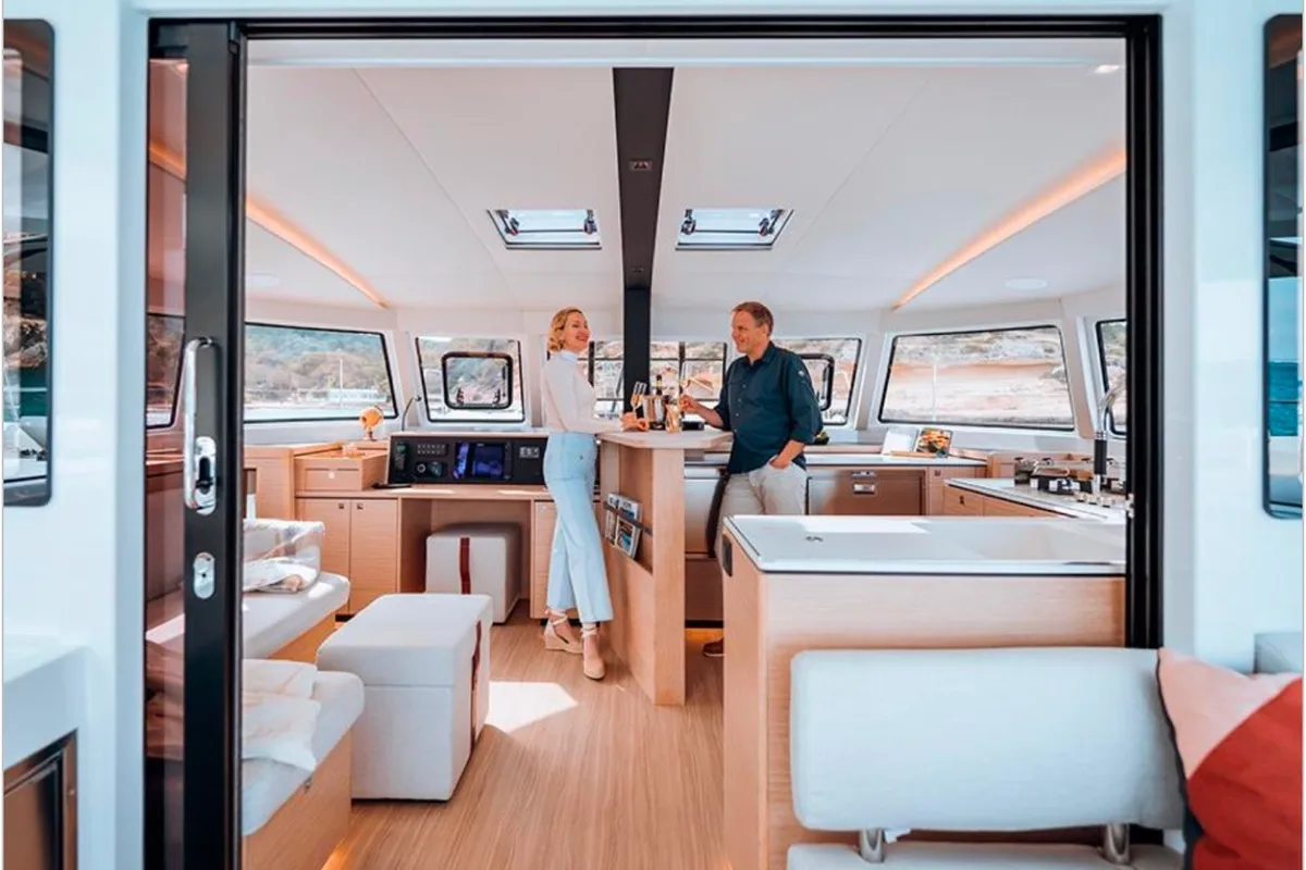 Salon of Seabird, a Nautitech 44 Open catamaran at Municipal Unit of Lefkada, Greece