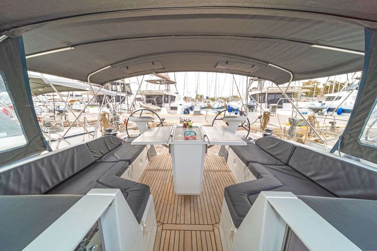 Cockpit of Yria, a Beneteau Oceanis 51.1 sailboat at Athens, Greece