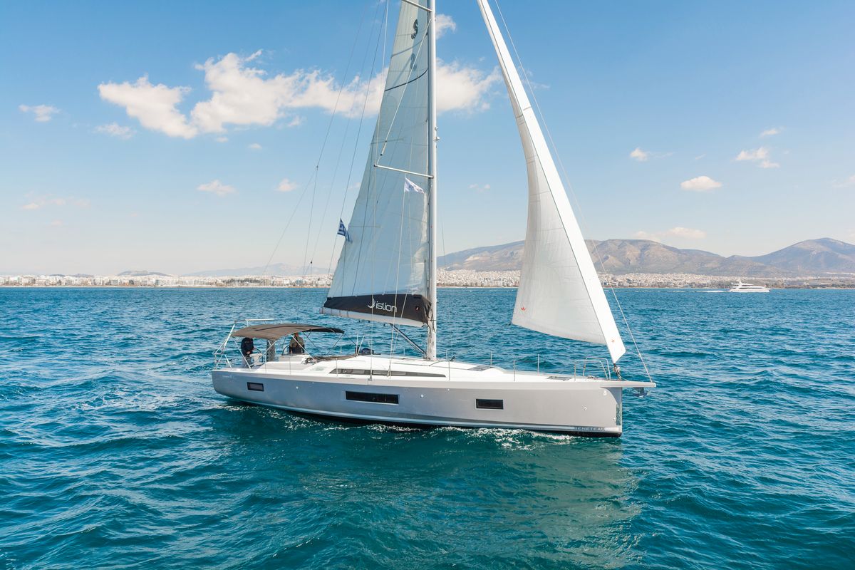 Exterior view of Yria, a Beneteau Oceanis 51.1 sailboat at Athens, Greece