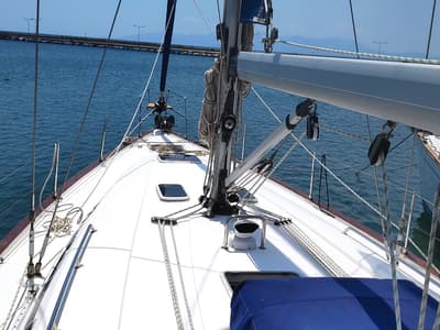 Deck of Argonaftis, a Bavaria 44 sailboat at Port of Avdira, Greece