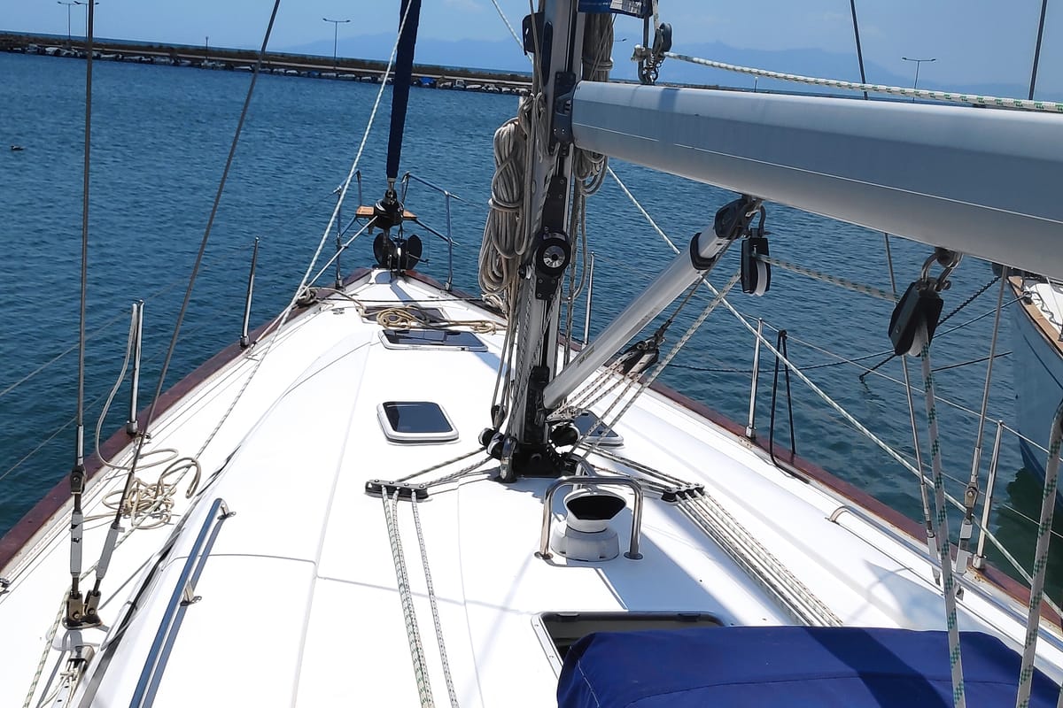 Deck of Argonaftis, a Bavaria 44 sailboat at Port of Avdira, Greece