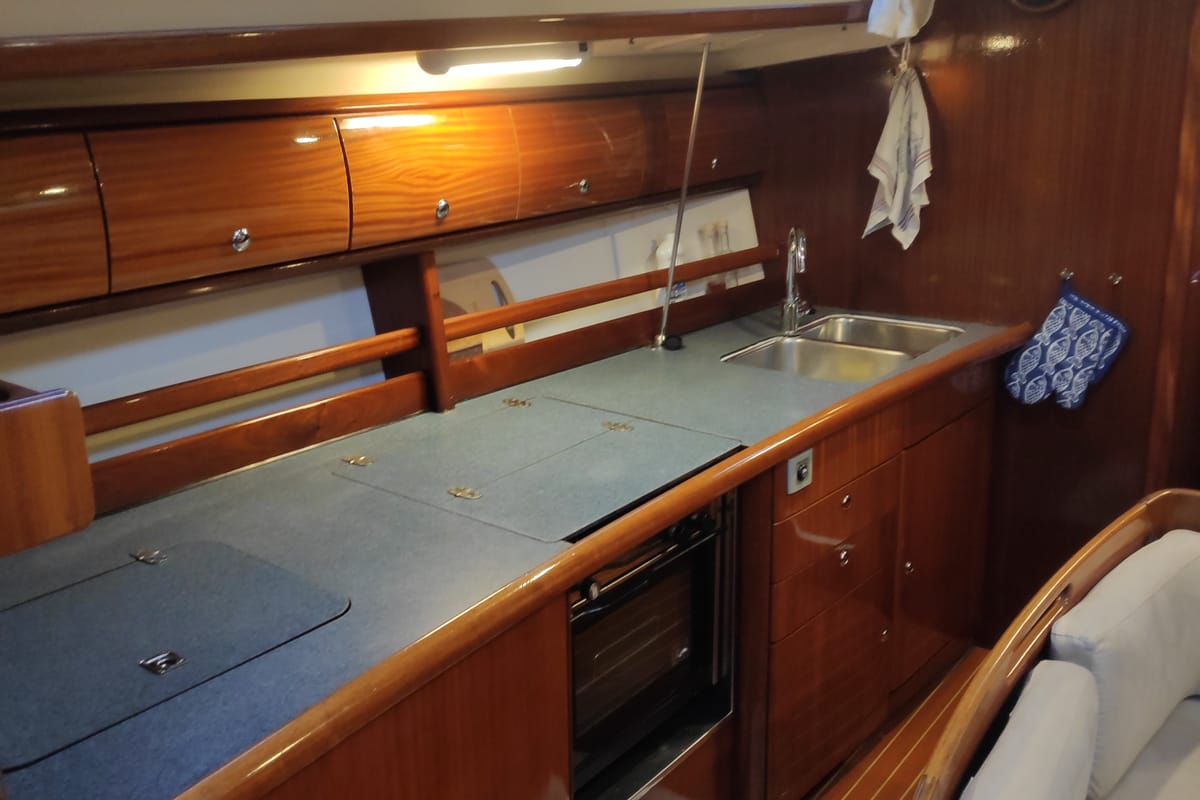 Galley of Argonaftis, a Bavaria 44 sailboat at Port of Avdira, Greece