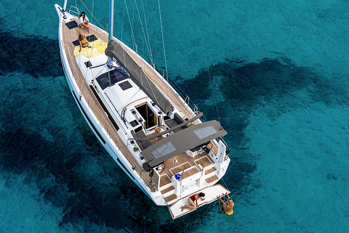Exterior view of Junior Mary II, a Dufour 44 sailboat at Athens, Greece