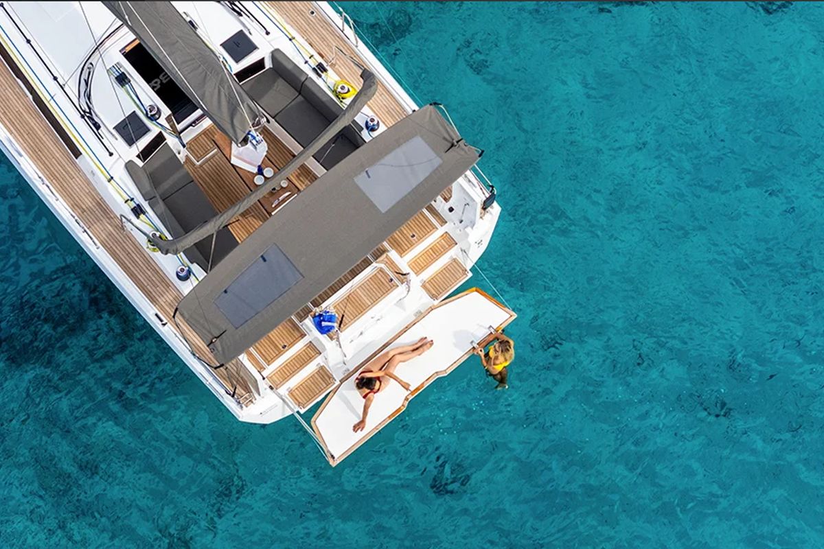 Exterior view of Junior Mary II, a Dufour 44 sailboat at Athens, Greece