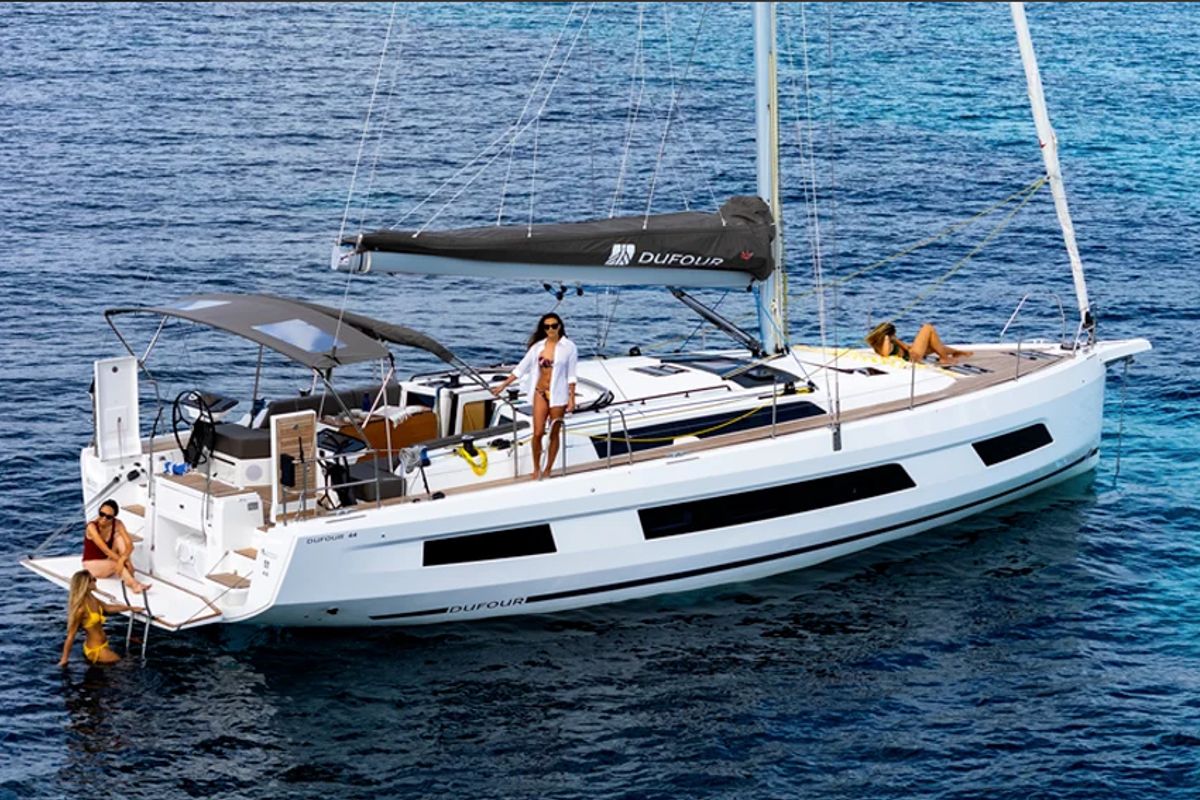Exterior view of Junior Mary II, a Dufour 44 sailboat at Athens, Greece