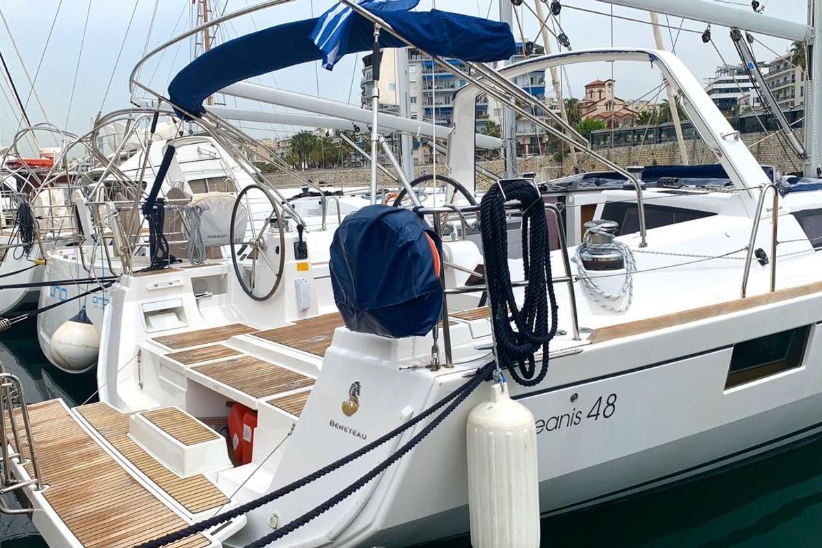 Cockpit of Alisa, a Beneteau Oceanis 48 sailboat at Athens, Greece
