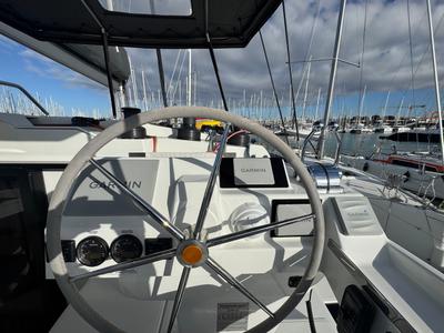 Cockpit of Maeva, a Fountaine Pajot Aura 51 catamaran at La Rochelle, France