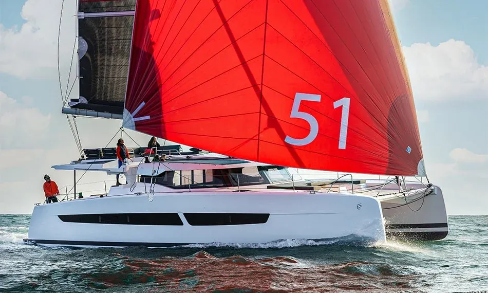 Exterior view of Maeva, a Fountaine Pajot Aura 51 catamaran at La Rochelle, France