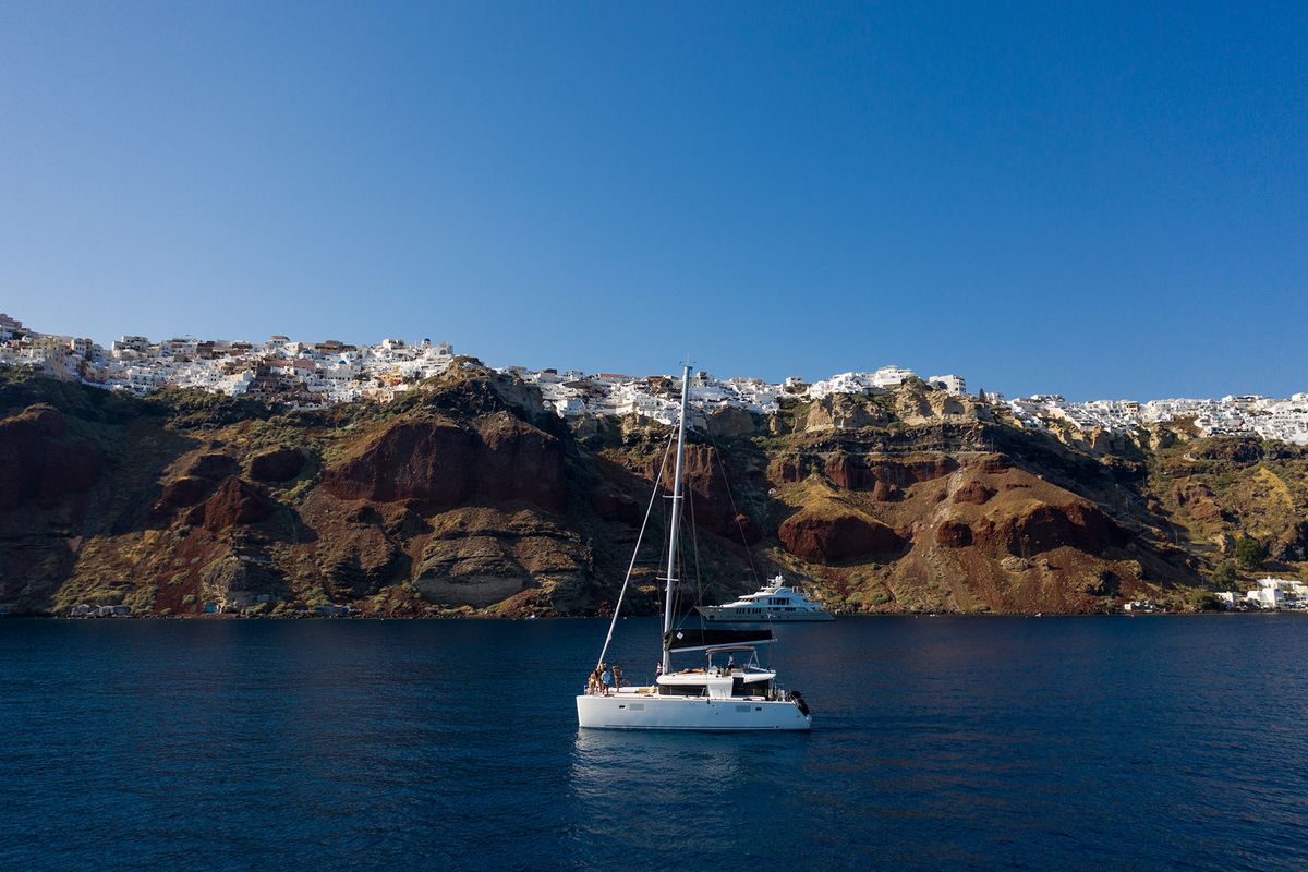 Exterior view of Madicon, a Lagoon 450 F catamaran at Athens, Greece