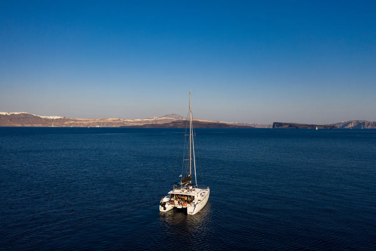 Exterior view of Madicon, a Lagoon 450 F catamaran at Athens, Greece