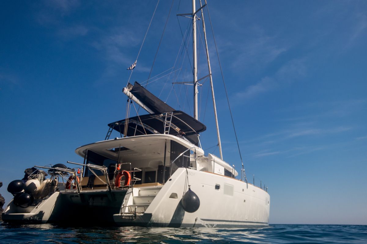 Exterior view of Madicon, a Lagoon 450 F catamaran at Athens, Greece