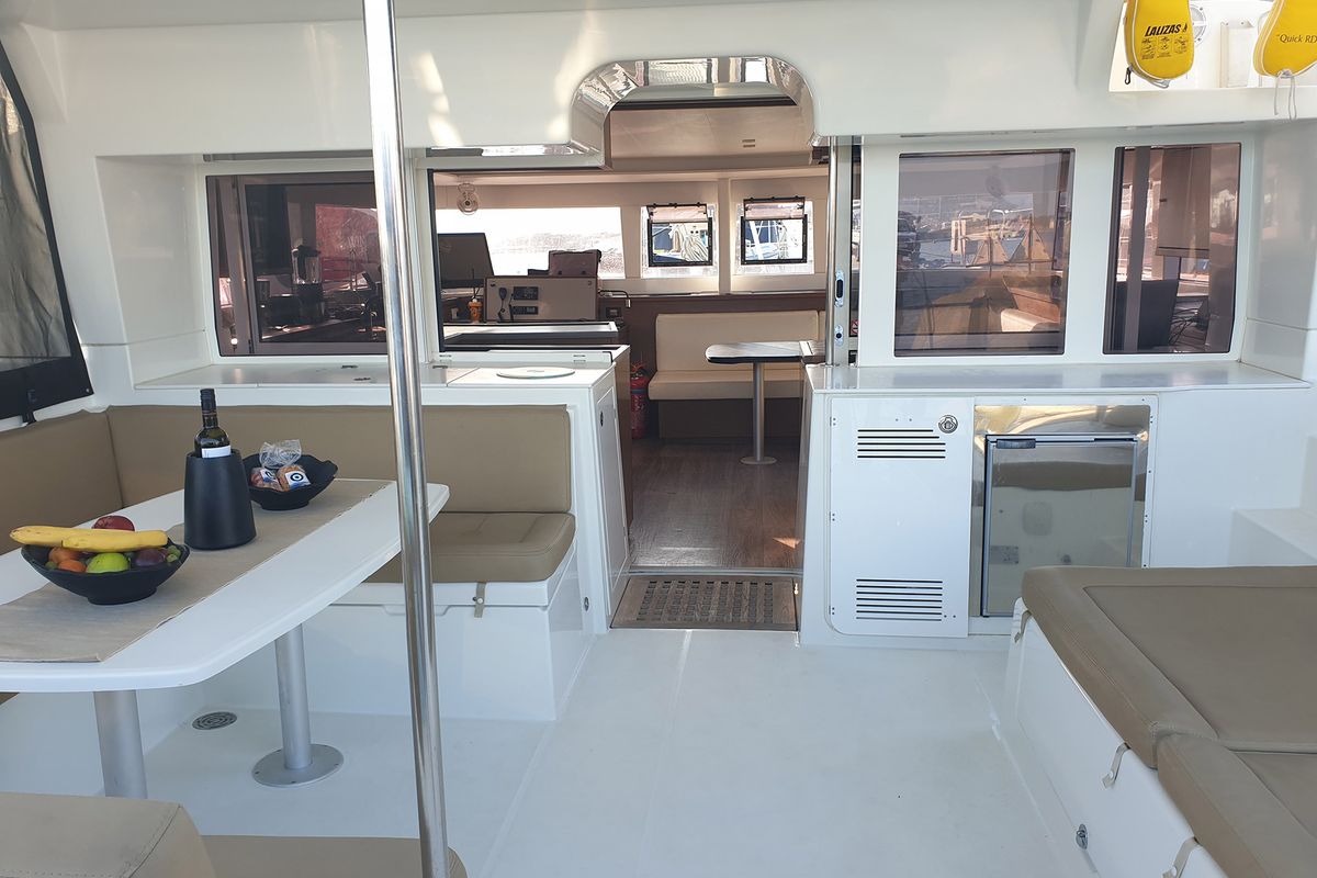 Deck of Madicon, a Lagoon 450 F catamaran at Athens, Greece
