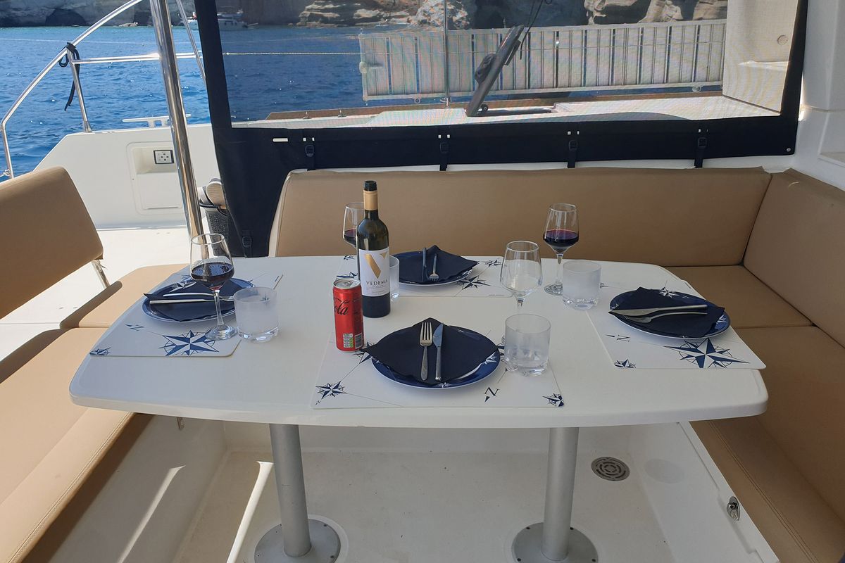 Deck of Madicon, a Lagoon 450 F catamaran at Athens, Greece