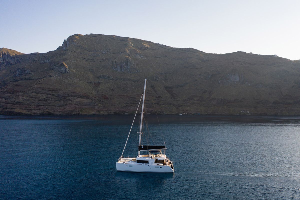 Exterior view of Madicon, a Lagoon 450 F catamaran at Athens, Greece