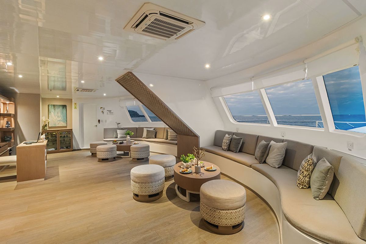 Salon of Endemic, a Gulet Power Catamaran catamaran at Baltra, Ecuador