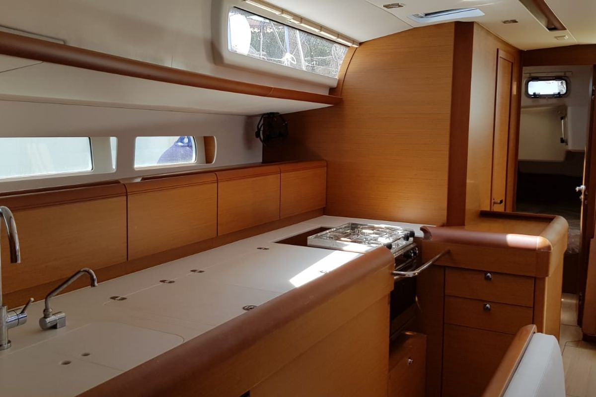 Galley of Pata, a Jeanneau Sun Odyssey 519 sailboat at Cannigione, Italy
