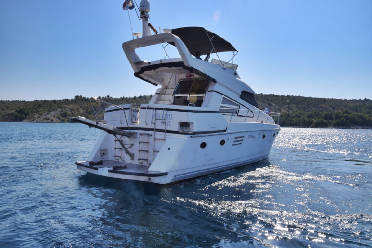 Exterior view of New Style , a Johnson 56 motorboat at Primošten, Croatia