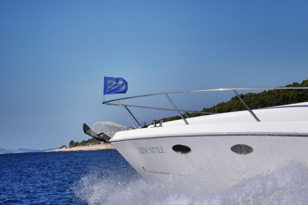 Exterior view of New Style , a Johnson 56 motorboat at Primošten, Croatia