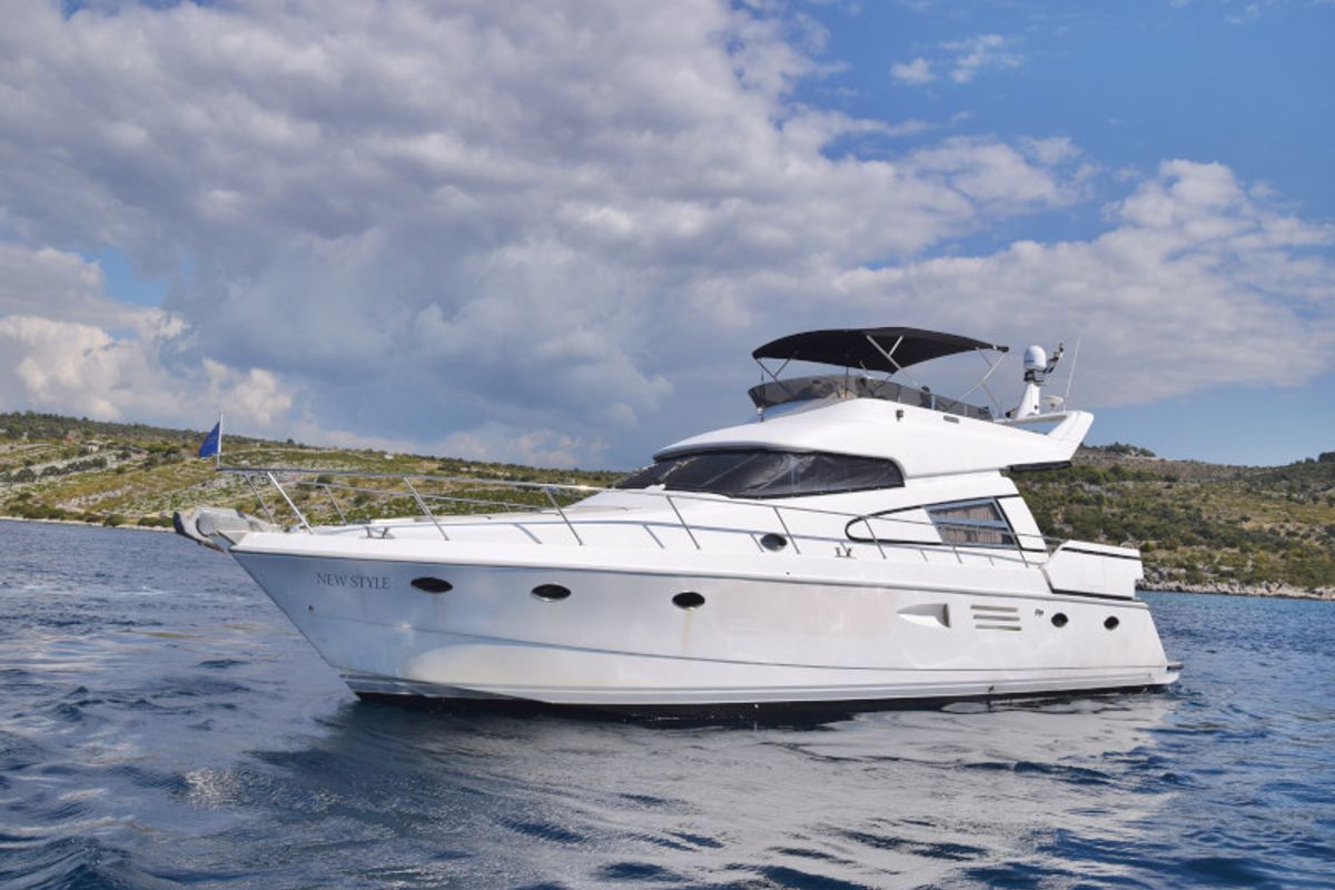 Exterior view of New Style , a Johnson 56 motorboat at Primošten, Croatia
