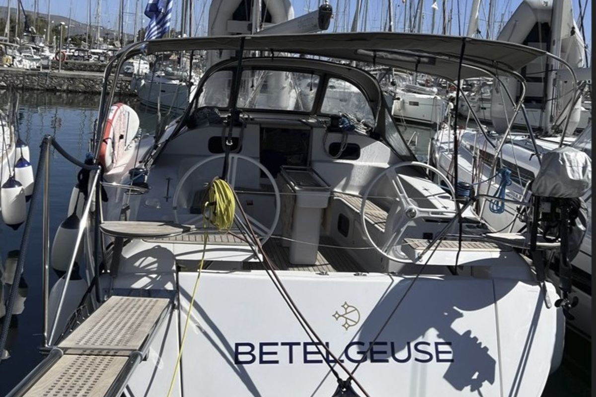 Exterior view of Betelgeuse, a Elan Impression 45 sailboat at Athens, Greece