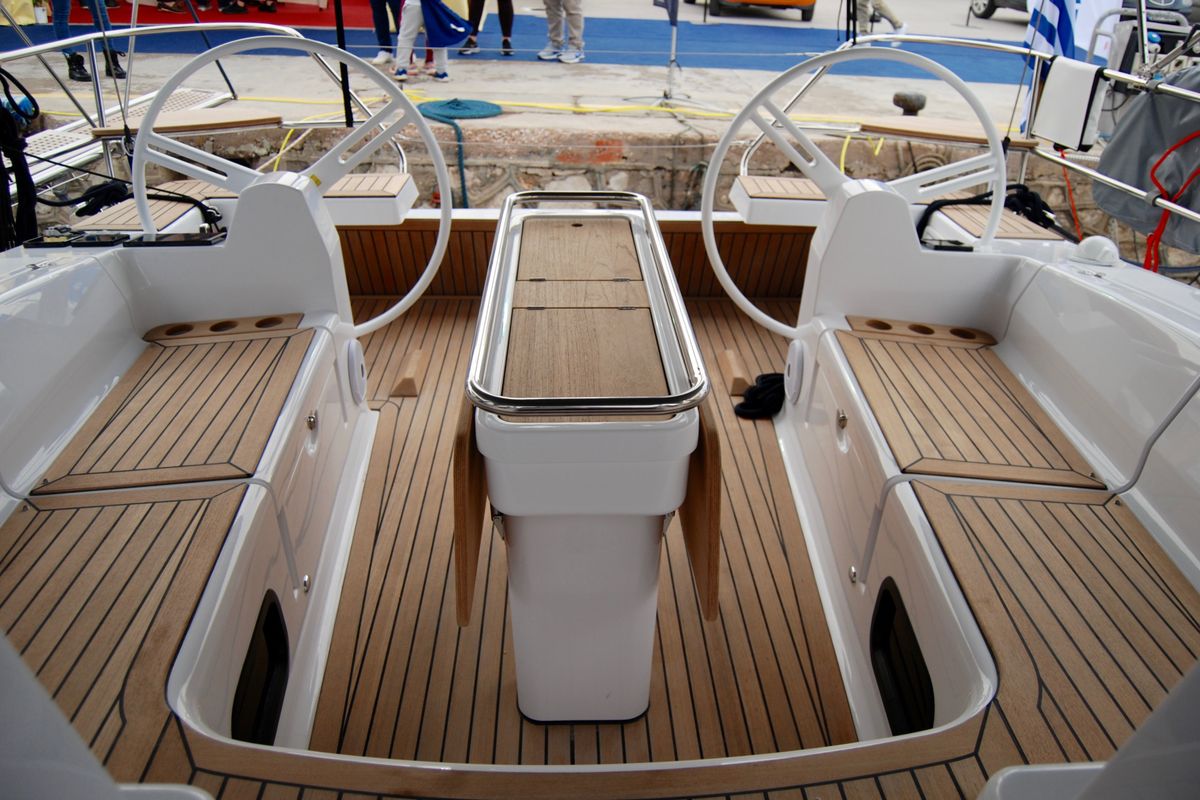 Cockpit of Betelgeuse, a Elan Impression 45 sailboat at Athens, Greece