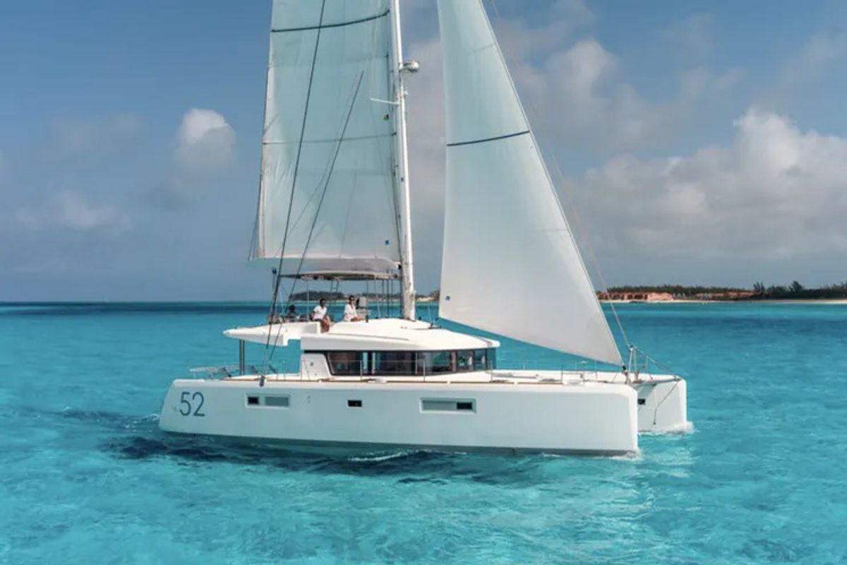 Exterior view of Queen Of Hearts, a Lagoon 52 catamaran at Athens, Greece