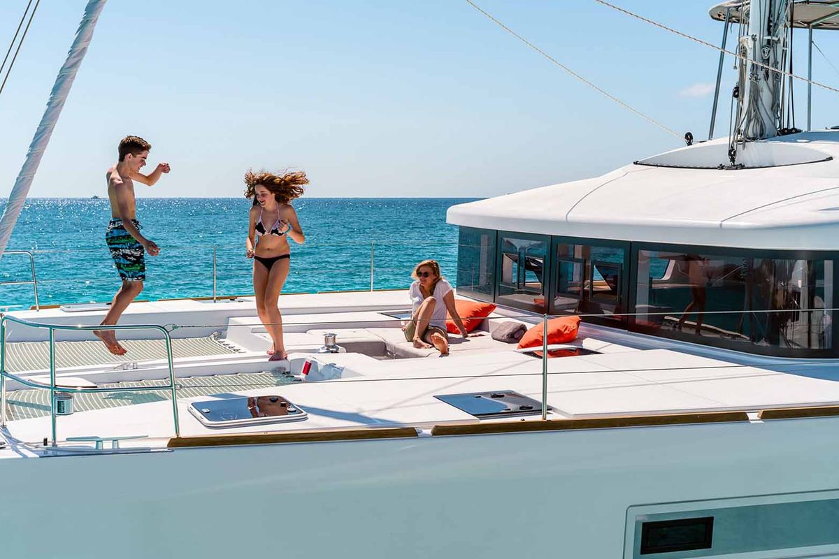 Deck of Queen Of Hearts, a Lagoon 52 catamaran at Athens, Greece