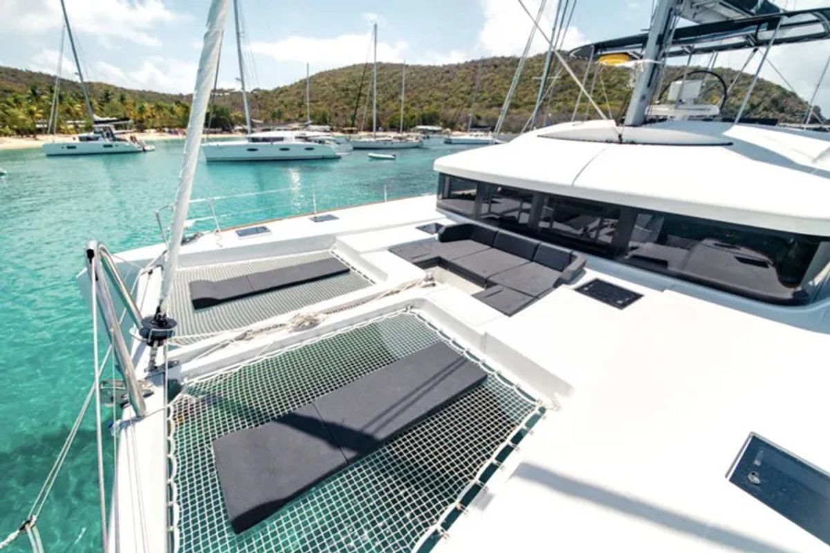 Deck of Queen Of Hearts, a Lagoon 52 catamaran at Athens, Greece