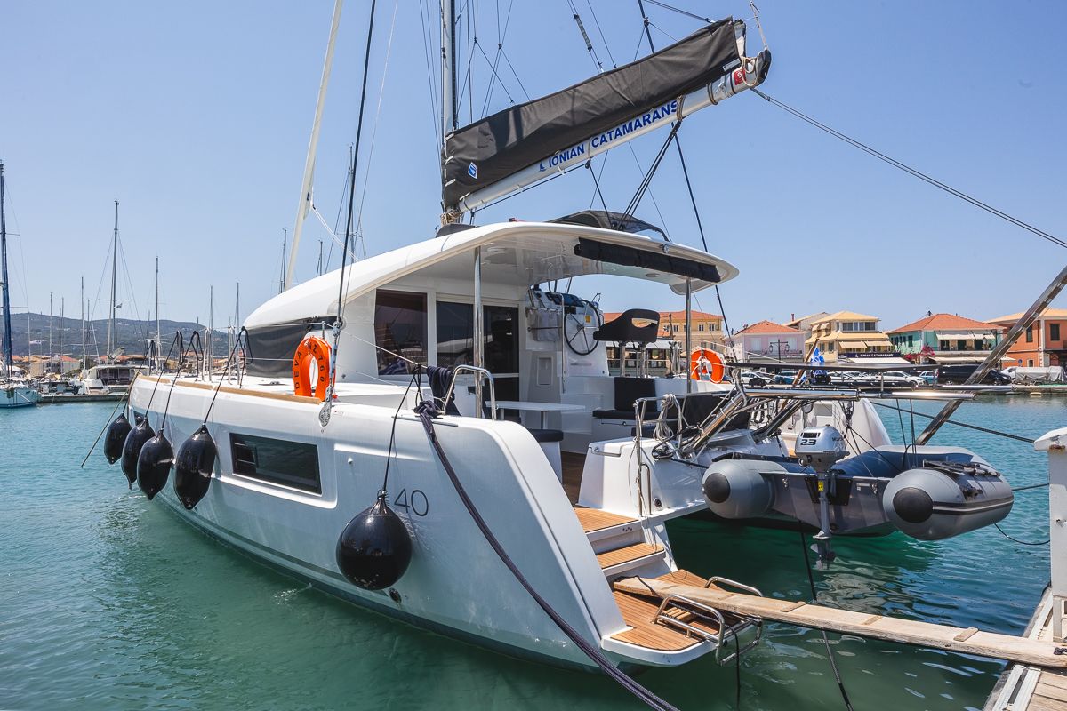 Exterior view of Deva, a Lagoon 40 catamaran at Kontokali, Greece