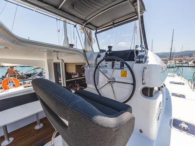Cockpit of Deva, a Lagoon 40 catamaran at Kontokali, Greece