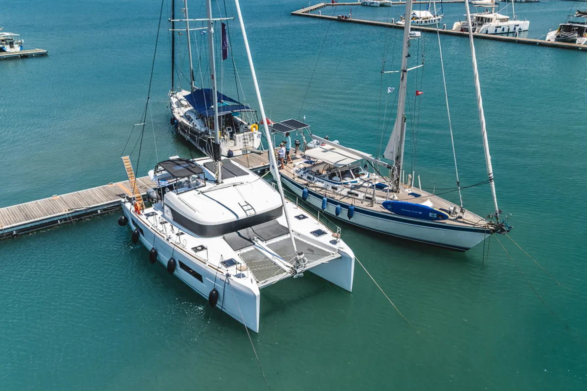 Exterior view of Deva, a Lagoon 40 catamaran at Kontokali, Greece