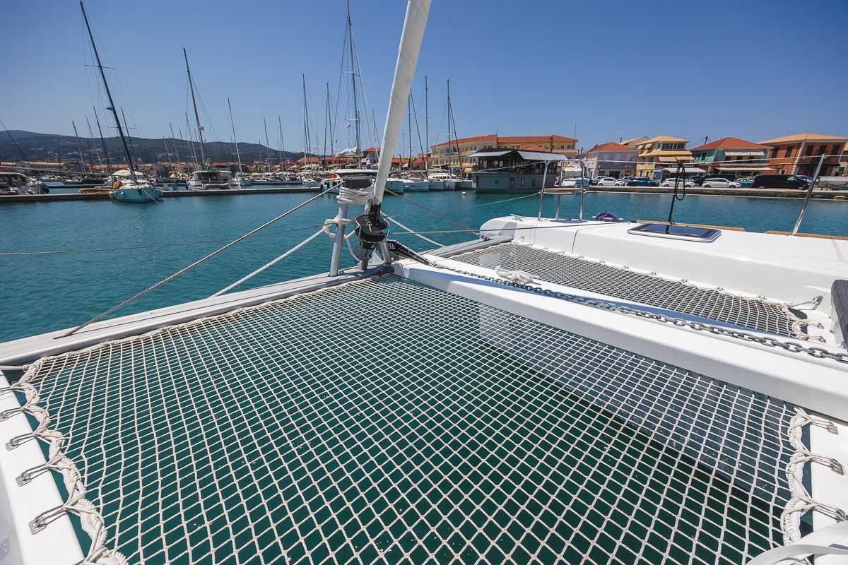 Deck of Deva, a Lagoon 40 catamaran at Kontokali, Greece