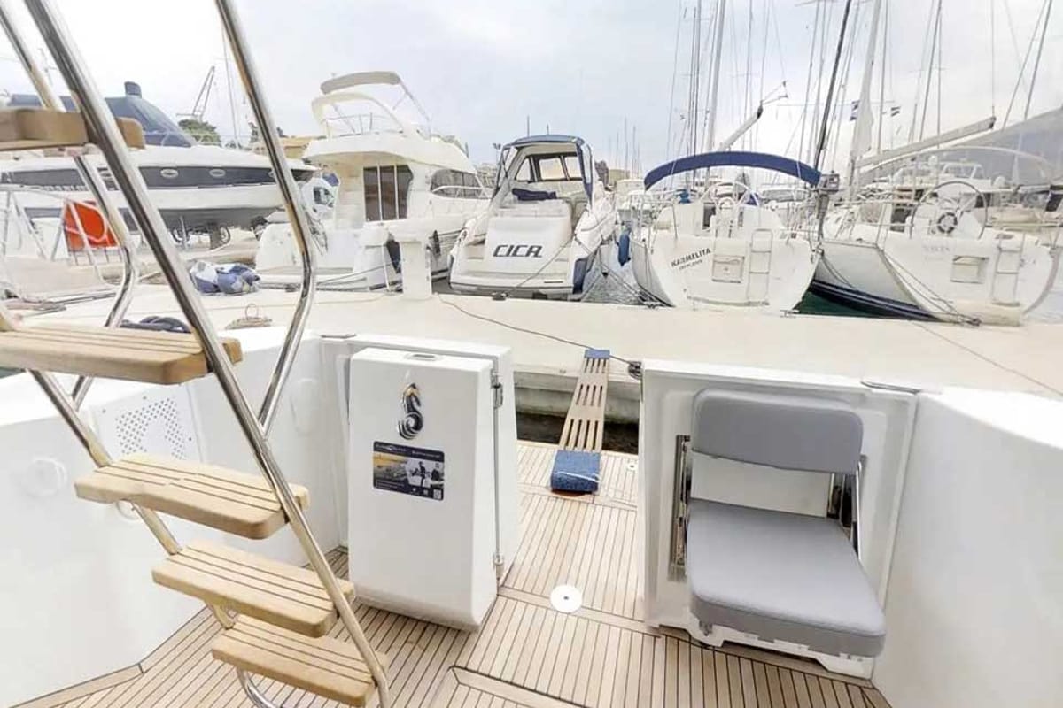 Deck of Odysseus, a Beneteau Swift Trawler 30 motorboat at Grad Trogir, Croatia