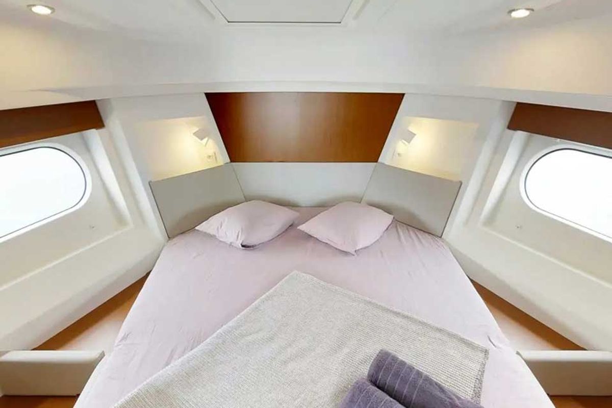 Cabin on Odysseus, a Beneteau Swift Trawler 30 motorboat at Grad Trogir, Croatia