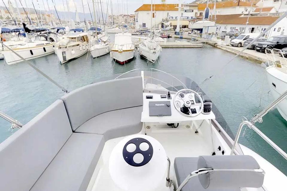 Cockpit of Odysseus, a Beneteau Swift Trawler 30 motorboat at Grad Trogir, Croatia