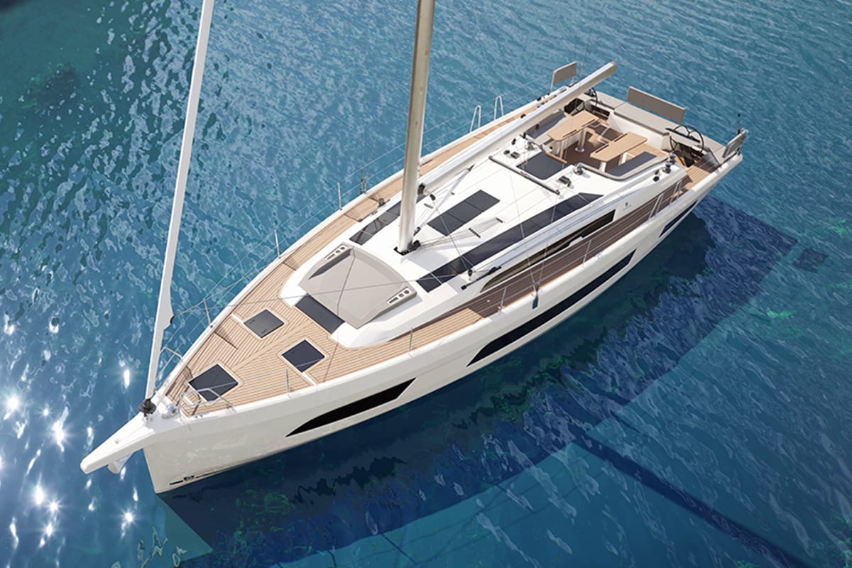 Exterior view of Nova, a Dufour 48 sailboat at Mytikas, Greece