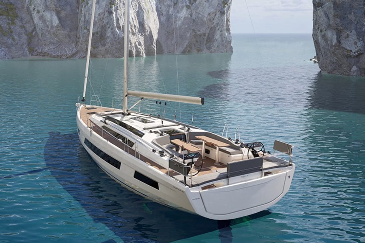 Exterior view of Nova, a Dufour 48 sailboat at Mytikas, Greece