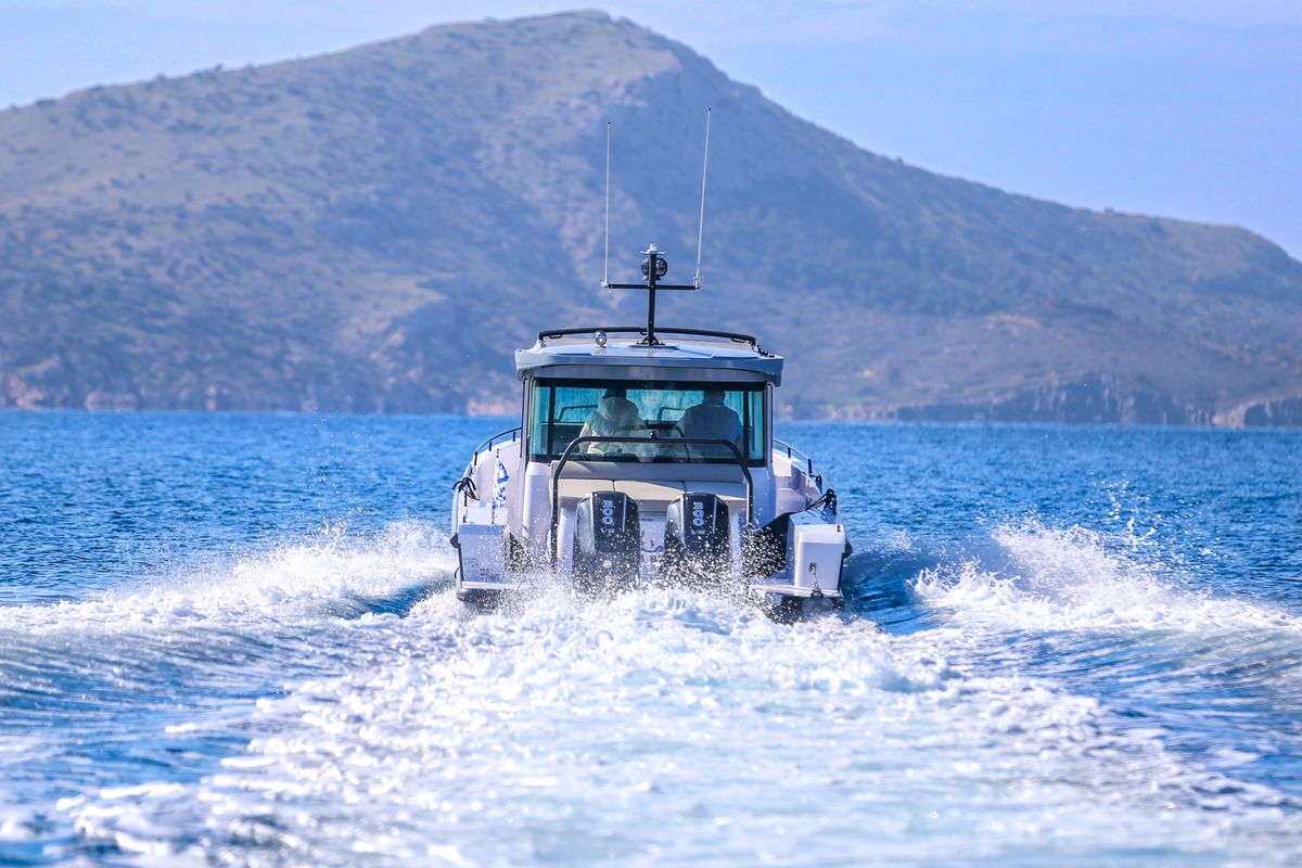 Exterior view of Bugs Bunny, a Axopar 37 XC Cross Cabin motorboat at Anavissos Municipal Unit, Greece