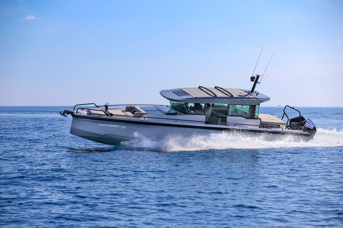 Exterior view of Bugs Bunny, a Axopar 37 XC Cross Cabin motorboat at Anavissos Municipal Unit, Greece