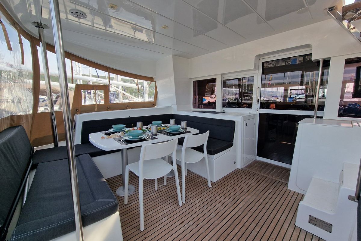 Deck of Gecko, a Lagoon 450 S catamaran at Punat, Croatia