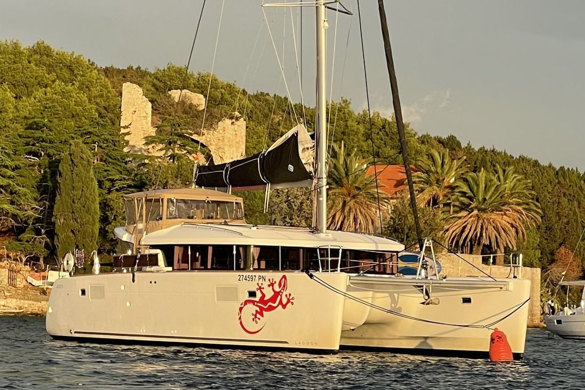 Exterior view of Gecko, a Lagoon 450 S catamaran at Punat, Croatia