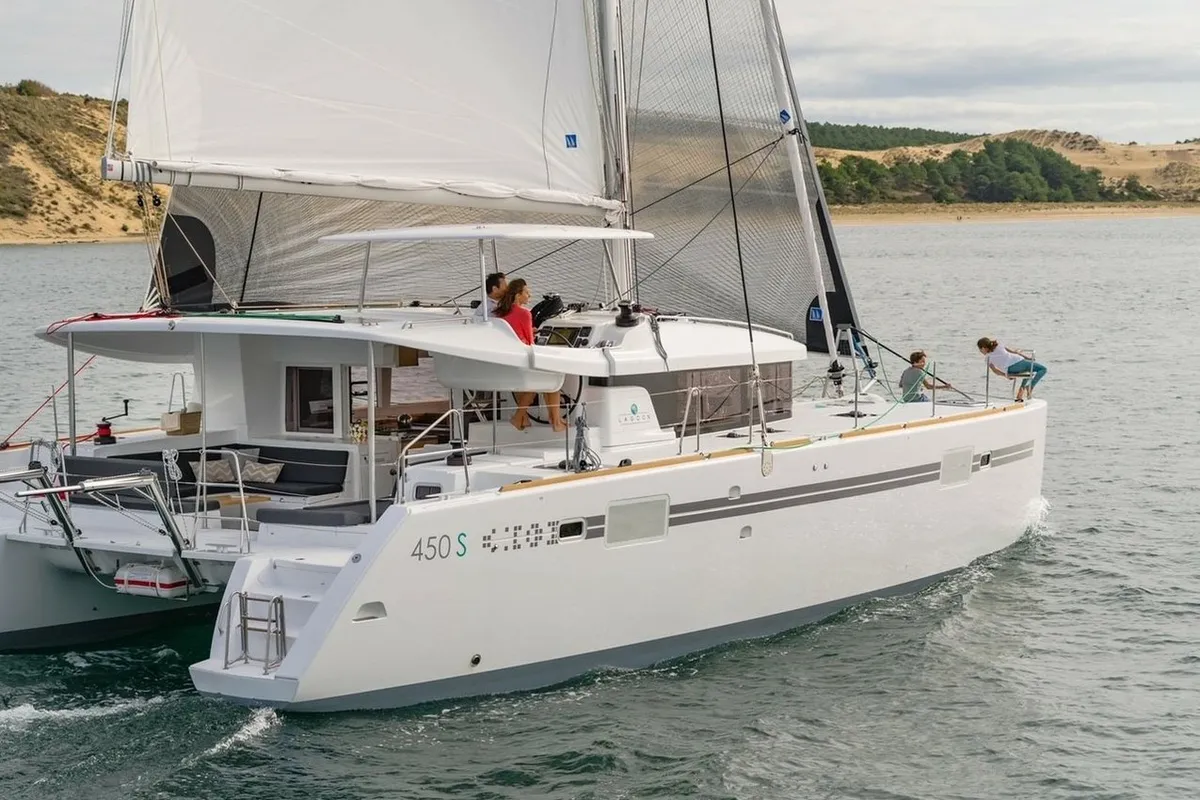 Exterior view of Gecko, a Lagoon 450 S catamaran at Punat, Croatia