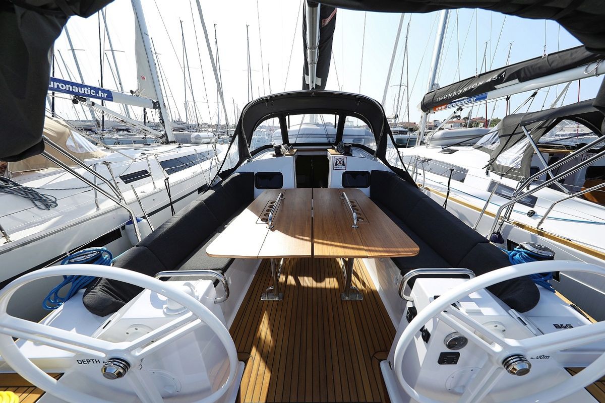 Deck of Urshy, a Elan Impression 45.1 sailboat at Grad Biograd na Moru, Croatia