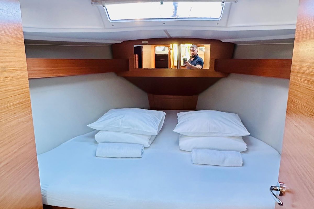 Cabin on Alpha, a Dufour 360 GL sailboat at Primošten, Croatia